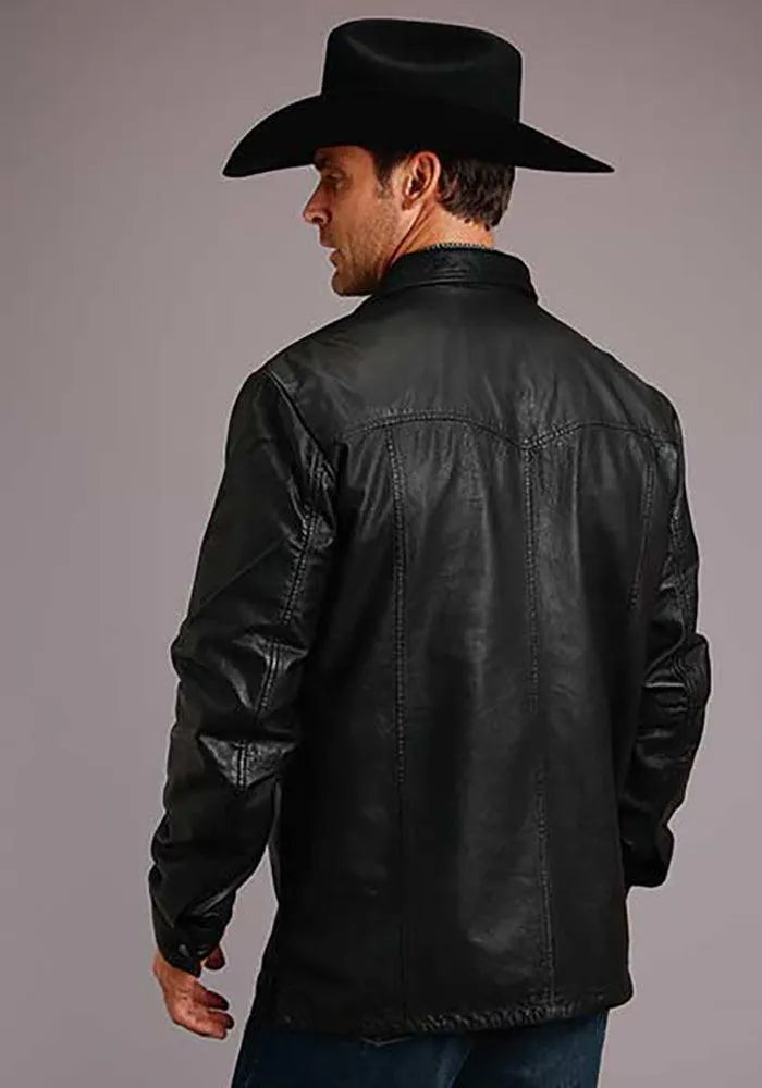 Stetson black leather Western shirt jacket with silver snaps, view 3