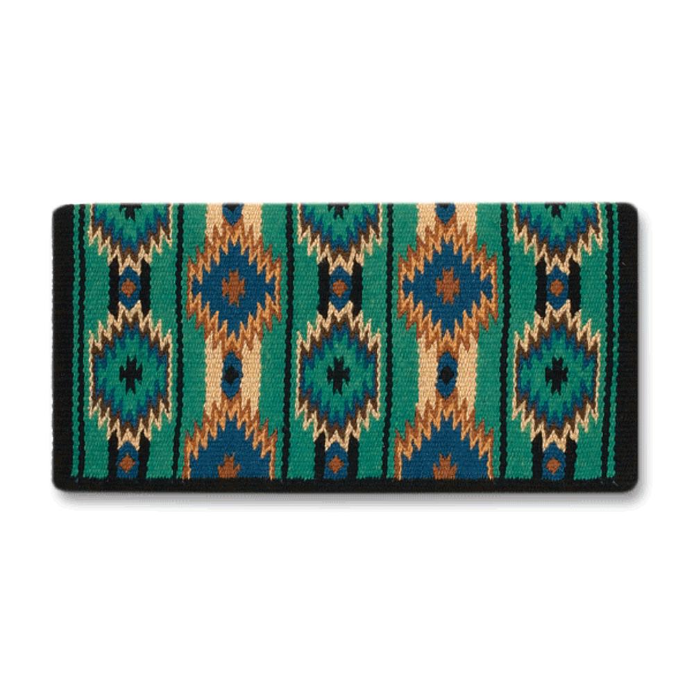 Black, chestnut, ocean blue and rust patterned wool blend saddle blanket