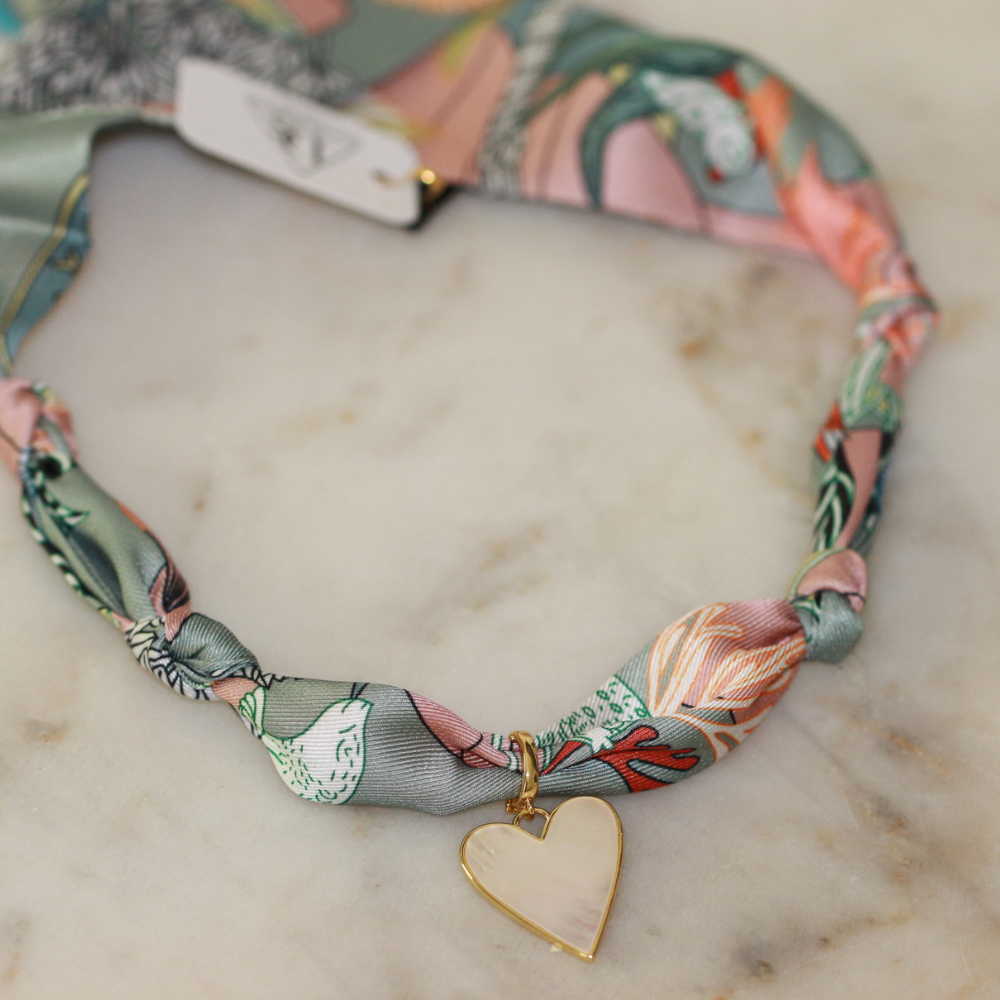 Blush and green scarf necklace with mother-of-pearl heart, view 4