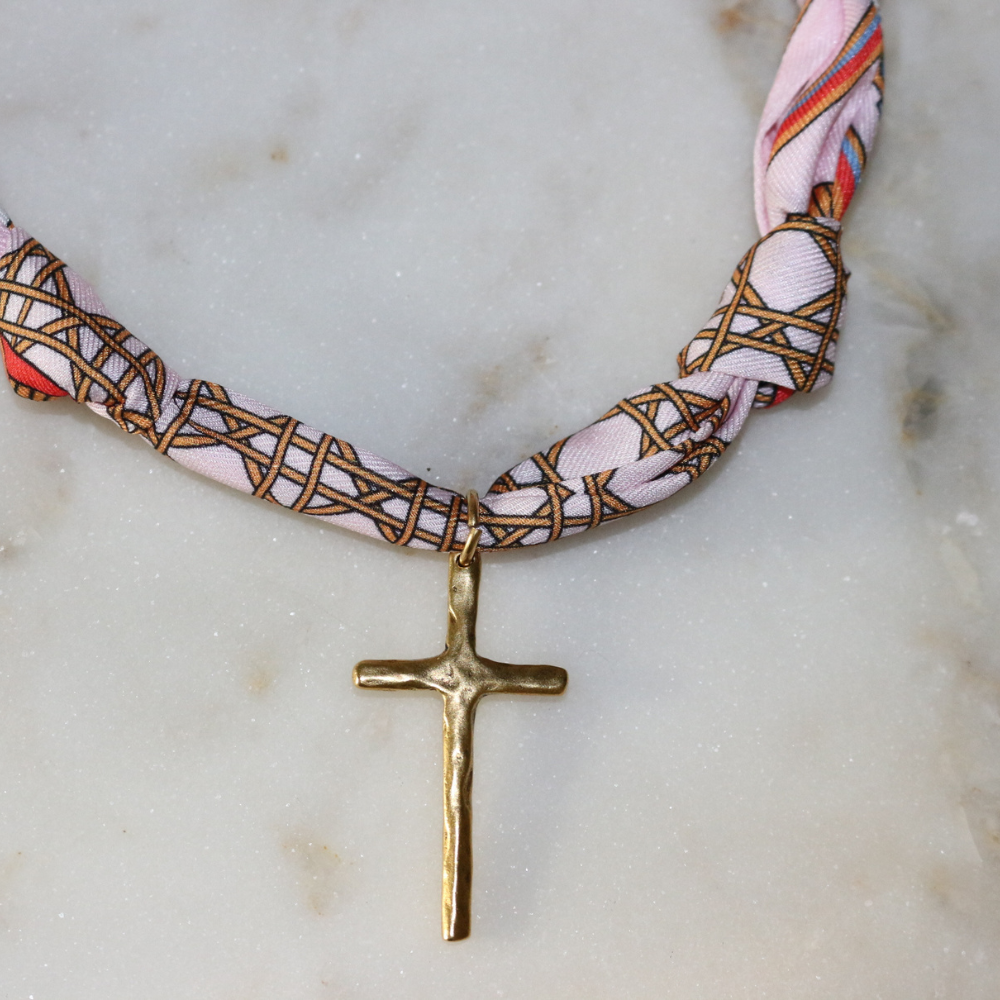 Blush pink silk scarf necklace with hammered gold cross, view 3