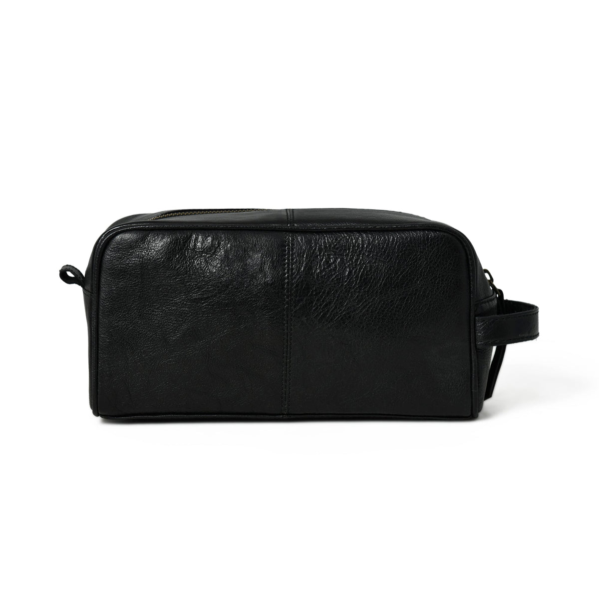 Black leather single-section toiletry bag with zip closure, view 4