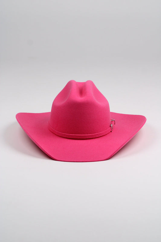 Pink merino wool cattleman cowboy hat with a curved brim, view 2