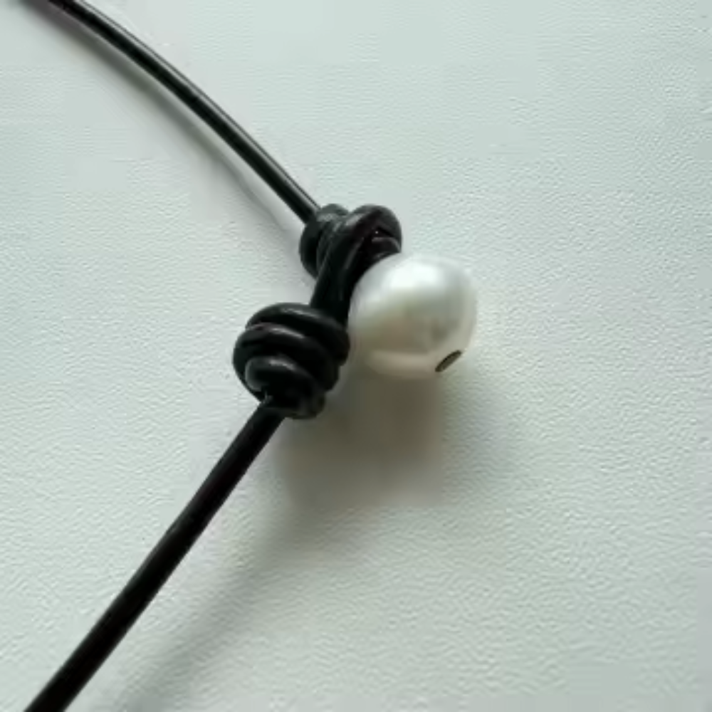 Dark brown leather lariat necklace with freshwater pearls, view 5