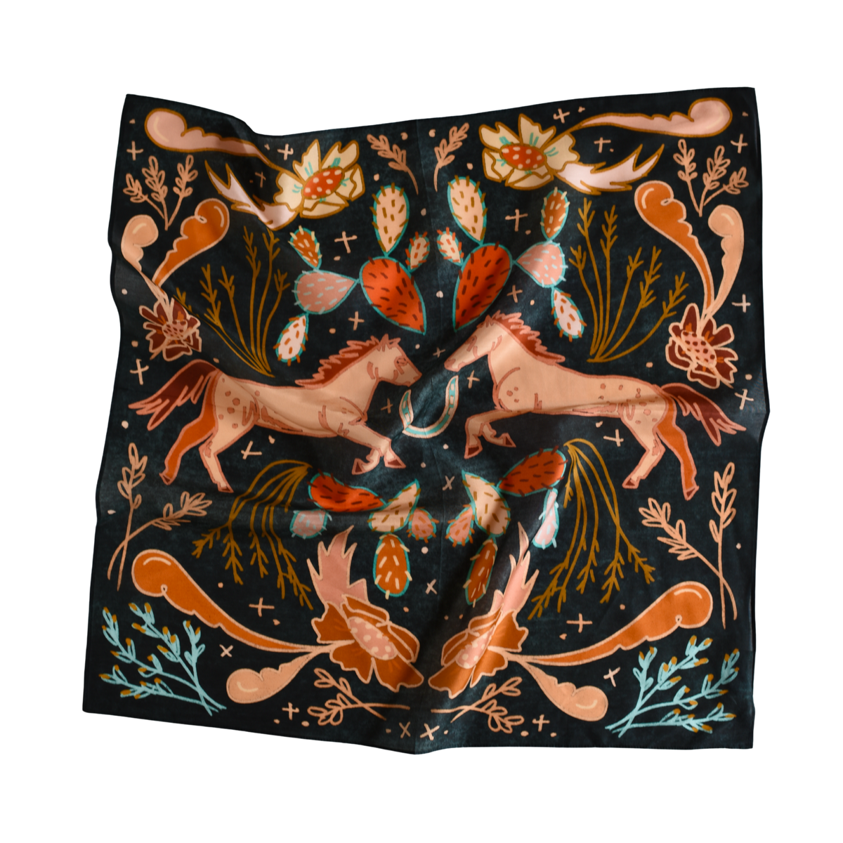 Denim blue wild rag with a folk-art horse, cactus and flowers, view 3