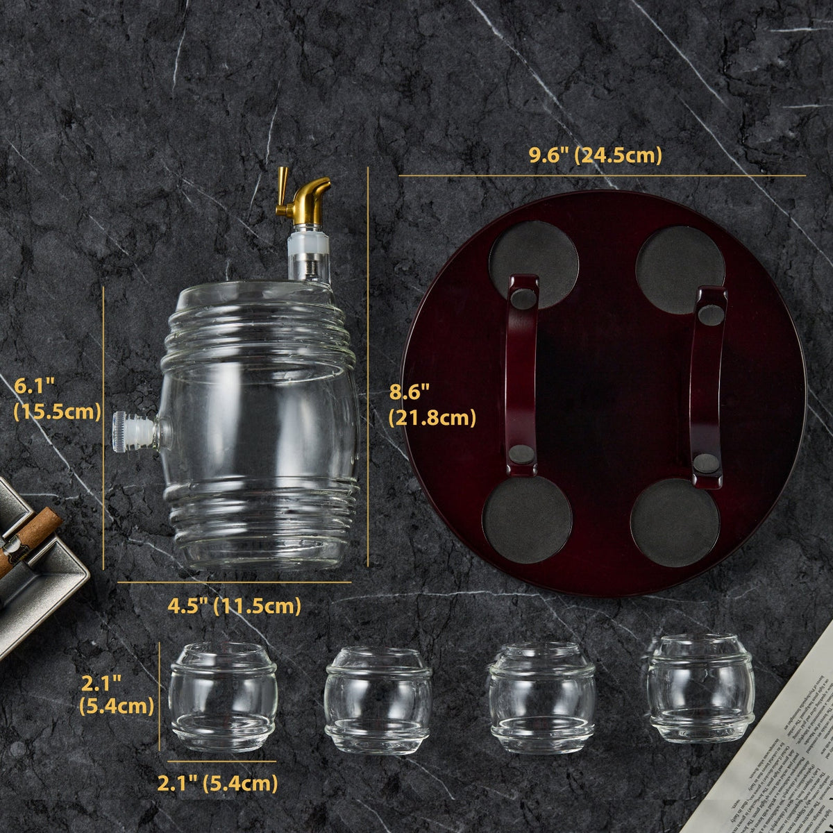 Glass whiskey barrel decanter set with barrel glasses, view 6