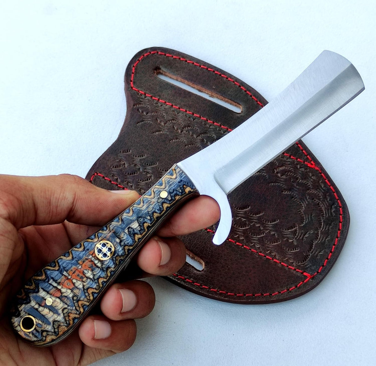 J2 steel bull cutter knife with pakkawood handle and leather sheath