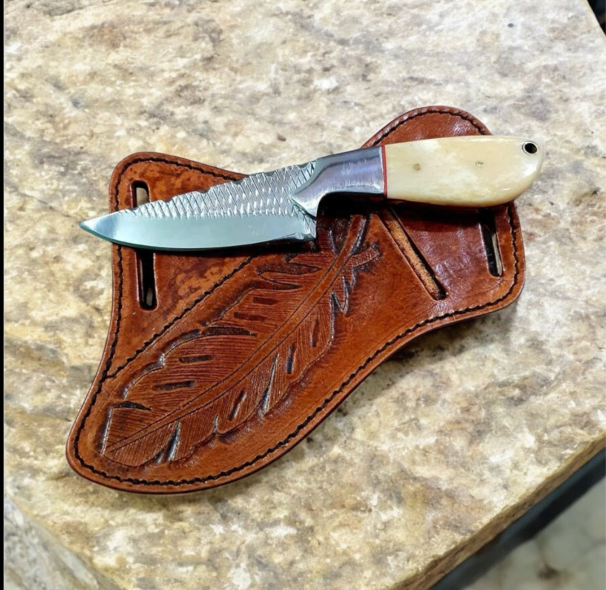 Rasp steel ranch knife with polished camel bone handle and stitched leather sheath