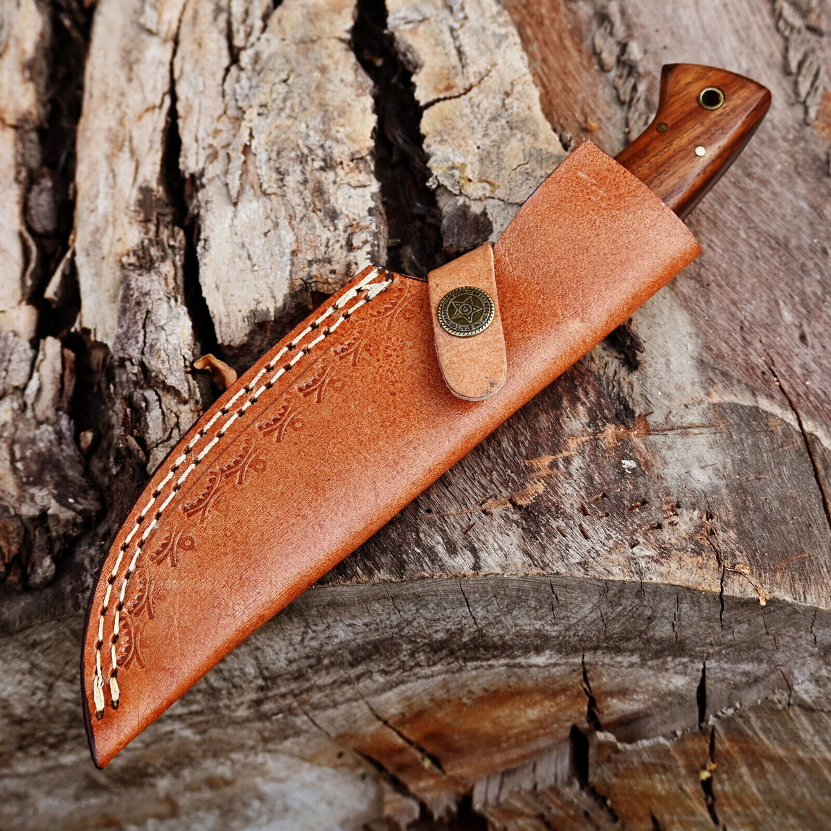 Rosewood Damascus Skinning Knife, Damascus Bolster by Texan Knives, view 4