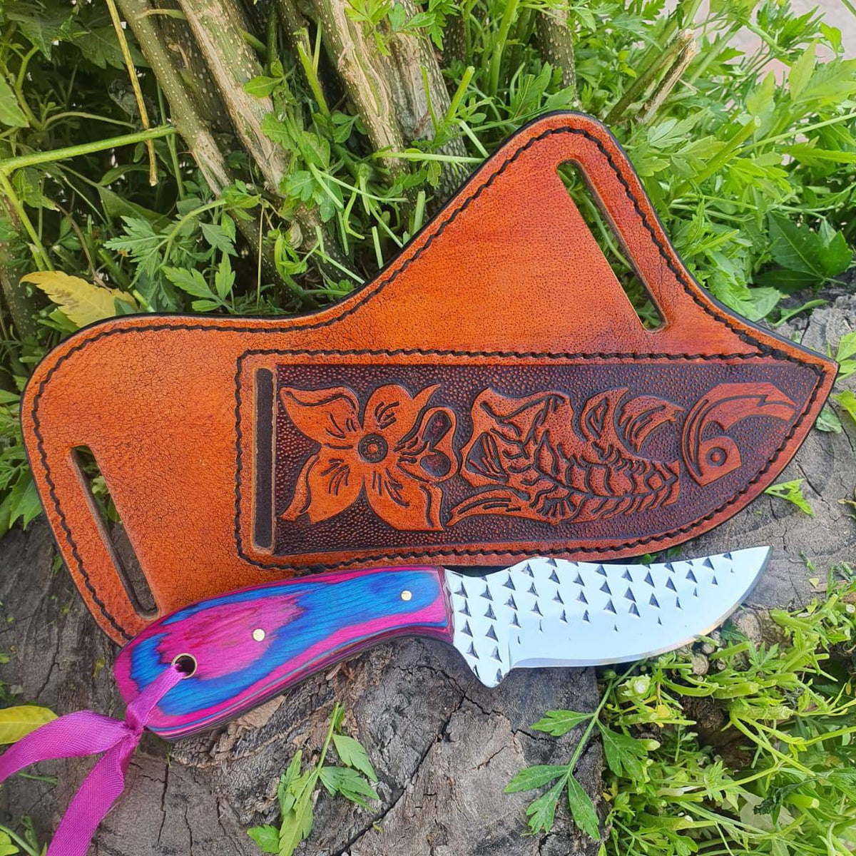Rasp steel cowboy knife with pakkawood handle and leather sheath