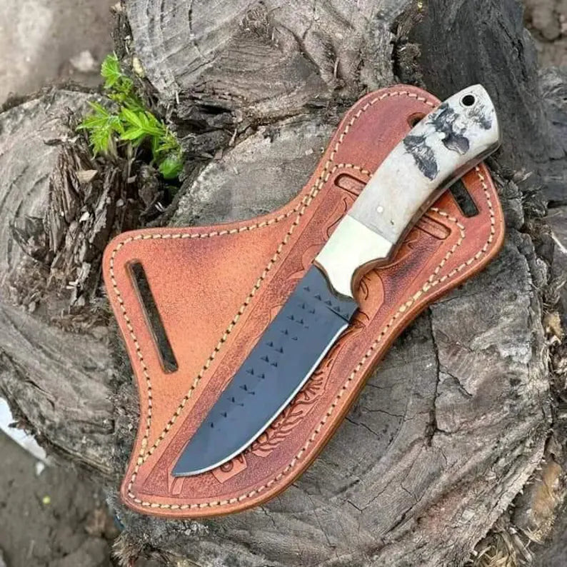 Rasp tool steel ranch knife with sheep horn handle and leather sheath