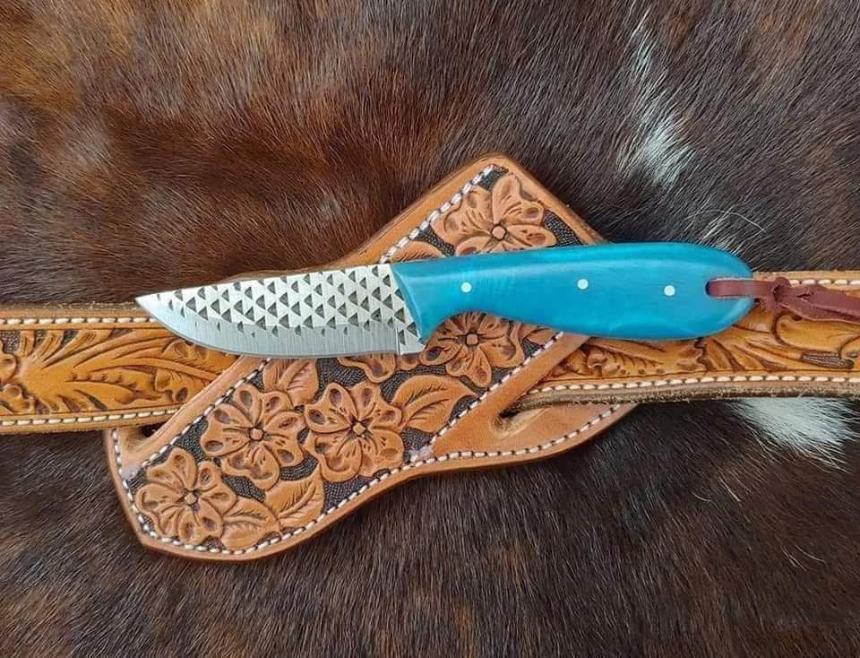 Rasp steel belt knife with resin handle and hand-stitched Western leather sheath