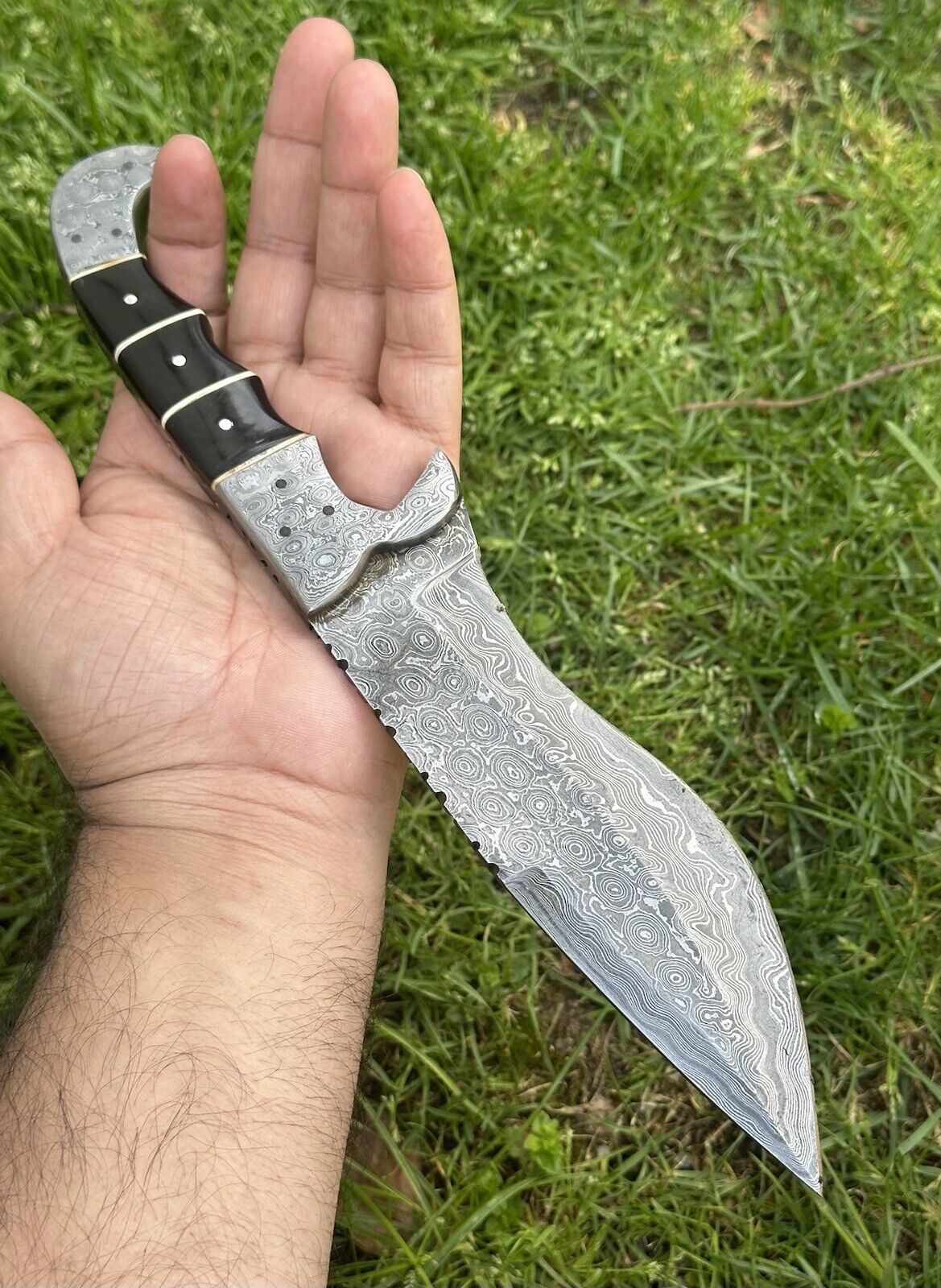 Buffalo Horn Damascus Hunting Knife, Damascus Bolster by Texan Knives, view 3