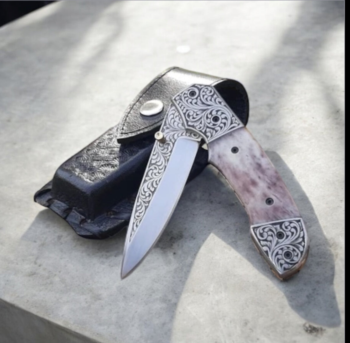 Custom Handmade Engraved Pocket Knife – D2 Steel Blade & Steel Handle