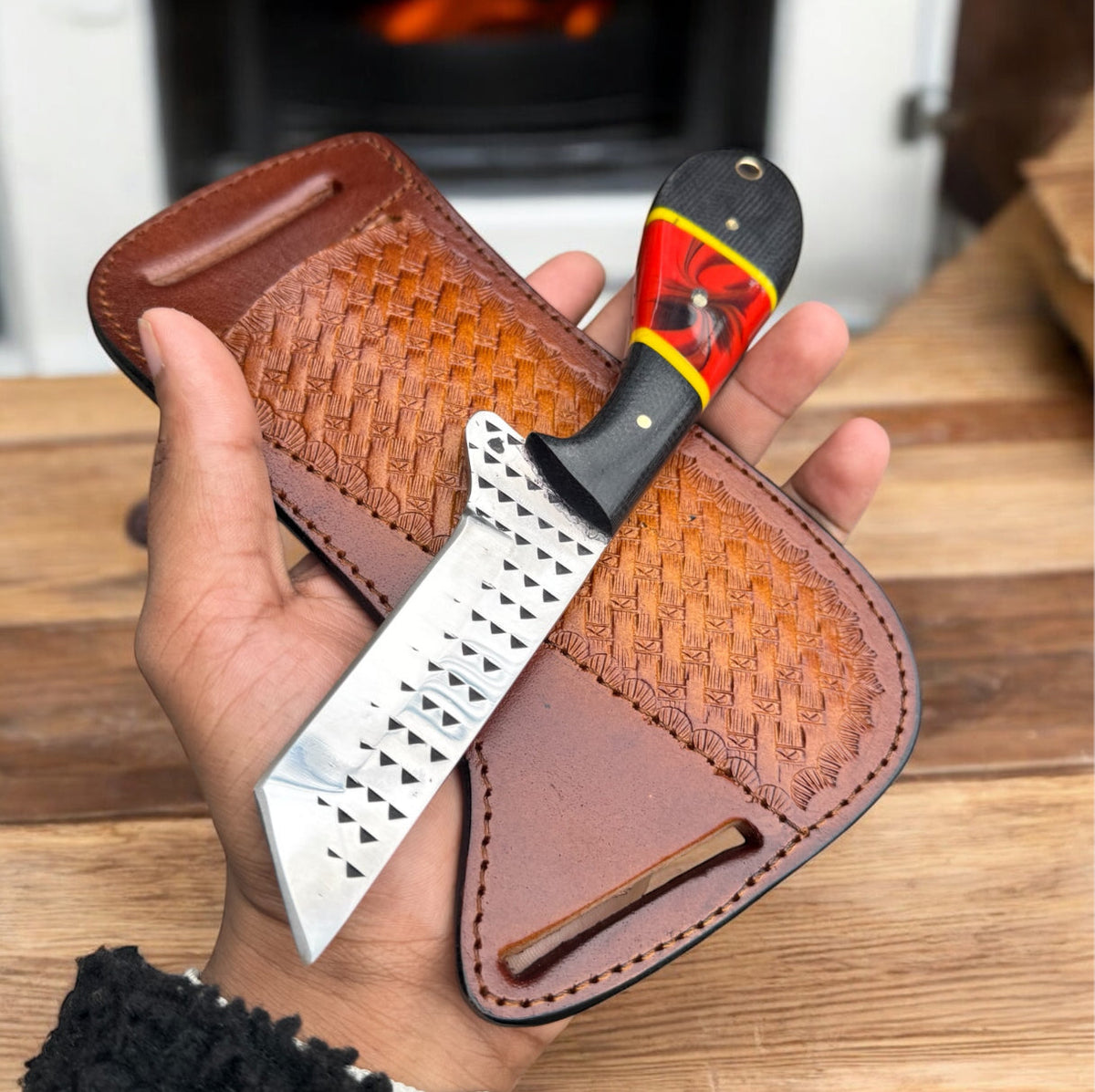 Rasp tool steel bull cutter knife with resin handle and handmade leather sheath
