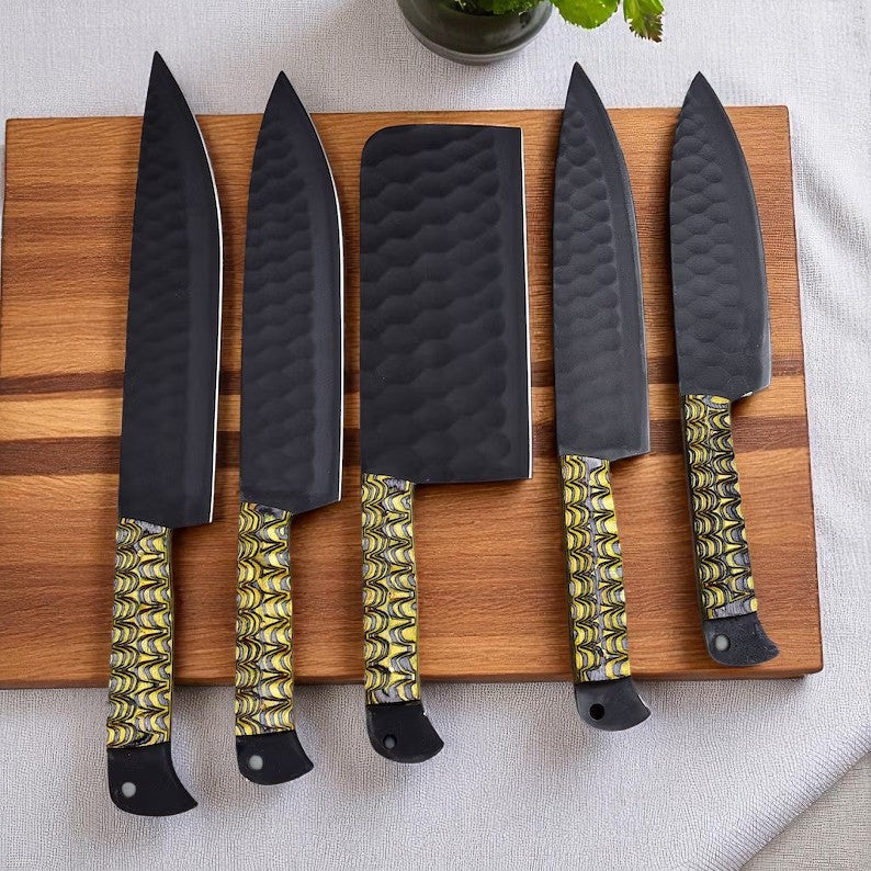 Eight-piece black VG10 knife set with yellow and gray pakka wood handles