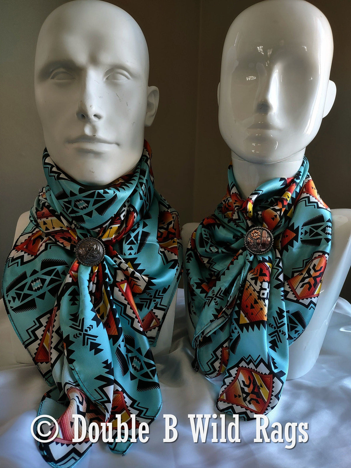 Light blue silk wild rag with orange serape and Aztec pattern by Double B, view 5