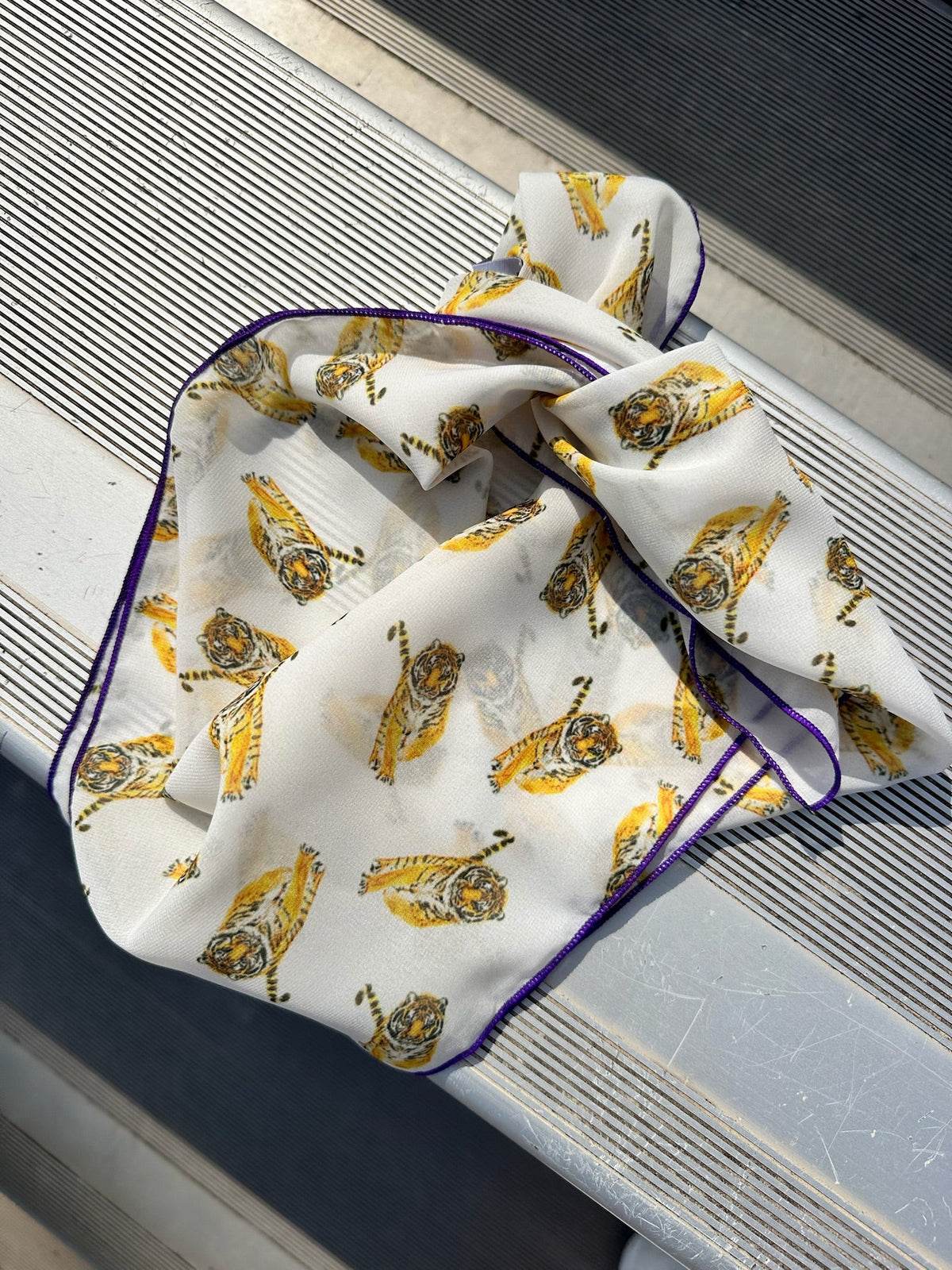 Yellow watercolor tiger chiffon scarf with purple edging, view 6