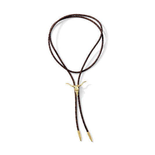 Gold plated Texas Longhorn bolo tie on brown leather cord