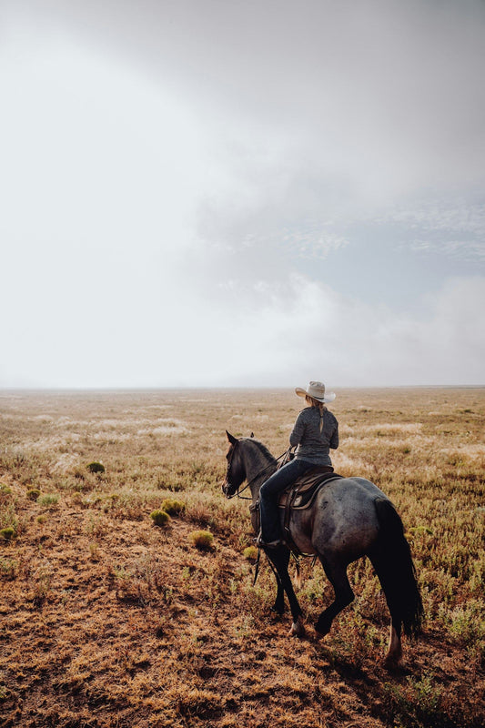 Rider crossing open range at golden hour