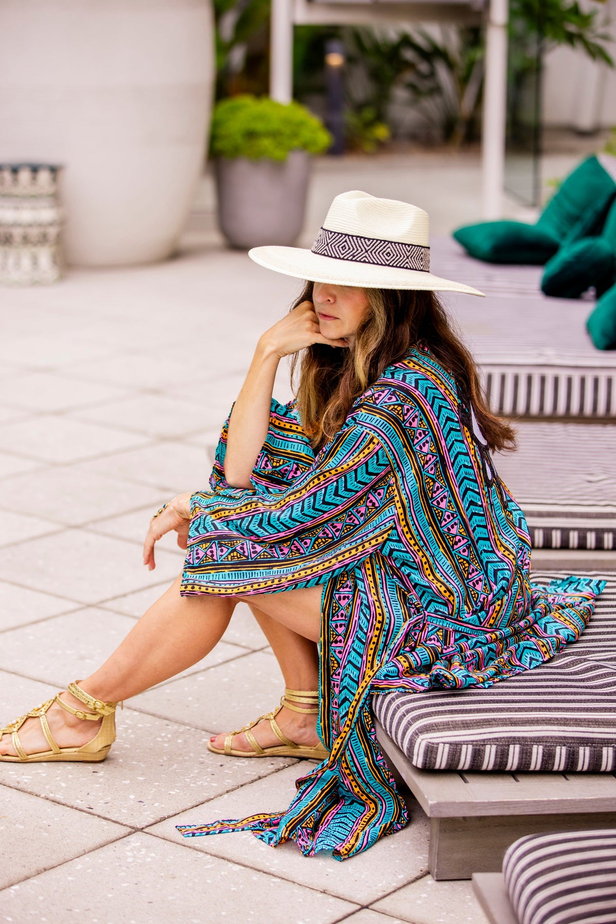 White palm leaf straw Western hat with a woven textile band, view 2