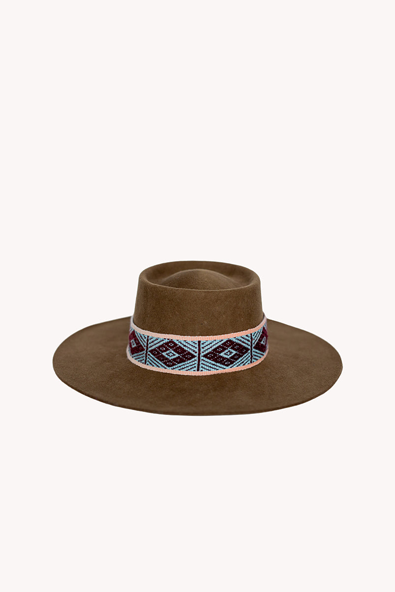 Chestnut brown alpaca wool felt bucket hat with a woven band, view 4