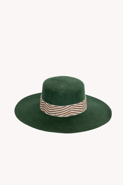 Hunter green alpaca wool felt Spanish style hat with a woven band