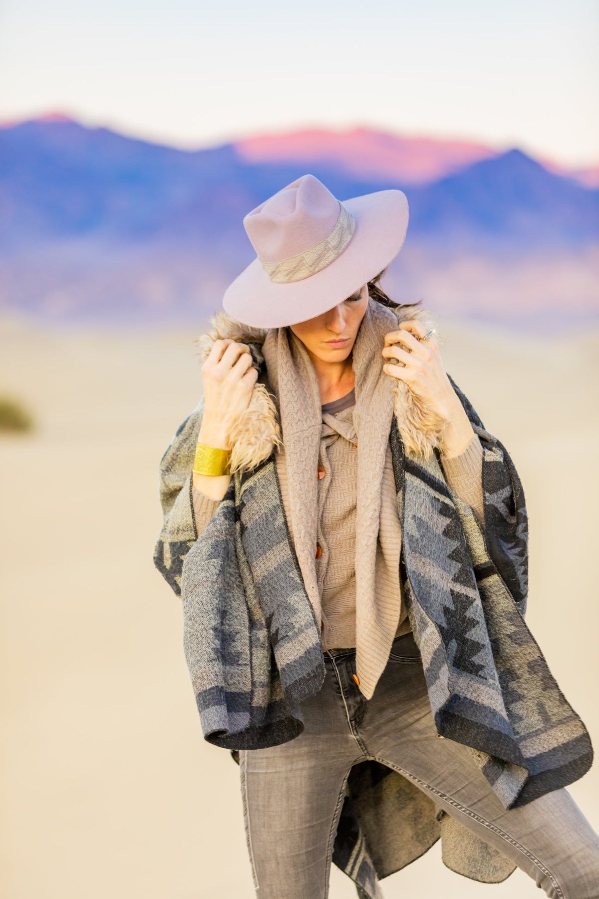 Dusty rose alpaca wool felt Western hat with a woven hatband, view 2