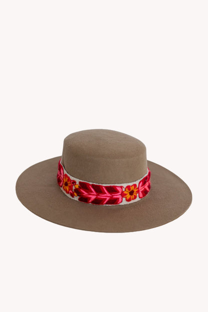 Beige alpaca wool felt Spanish style hat with a woven textile band, view 4