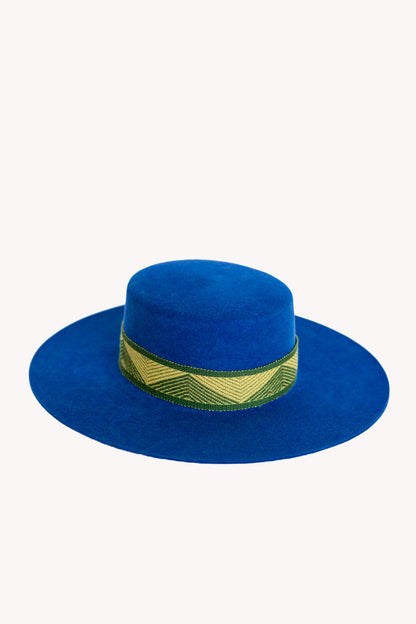 Electric blue alpaca wool felt Spanish style hat with a woven band, view 4