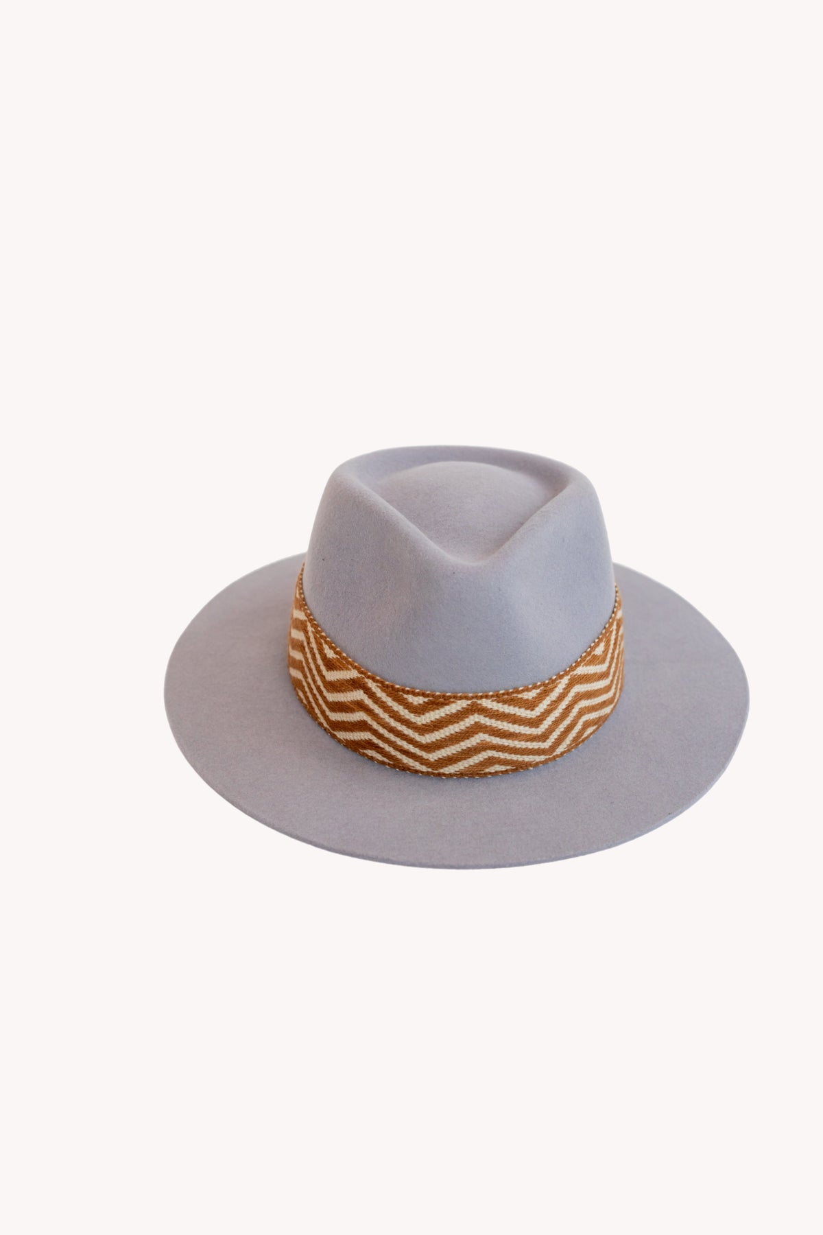 Lavender alpaca wool felt fedora with a woven textile hatband