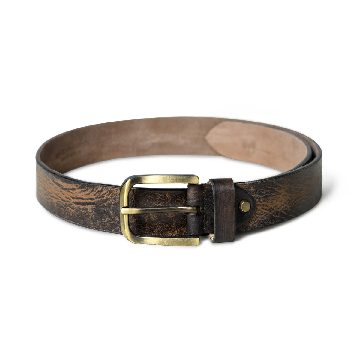 Dark brown leather belt with black accents and brass buckle, view 3