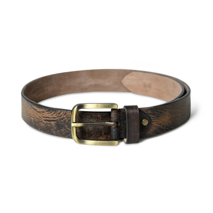 Dark brown leather belt with black accents and brass buckle, view 3