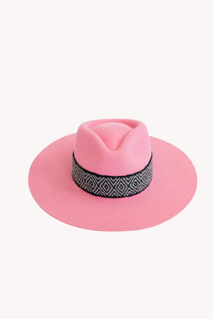 Bubble gum pink alpaca wool felt Western hat with a woven hat band