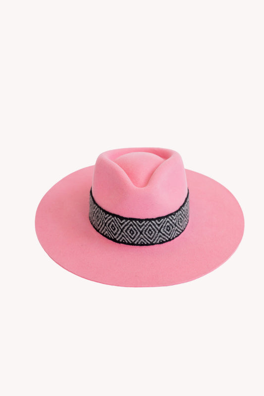 Bubble gum pink alpaca wool felt Western hat with a woven hat band