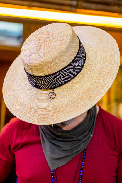 Natural palm leaf straw Spanish-style hat with a woven band, view 3