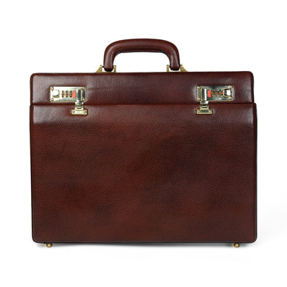 Rich brown leather hard-case briefcase with combination locks