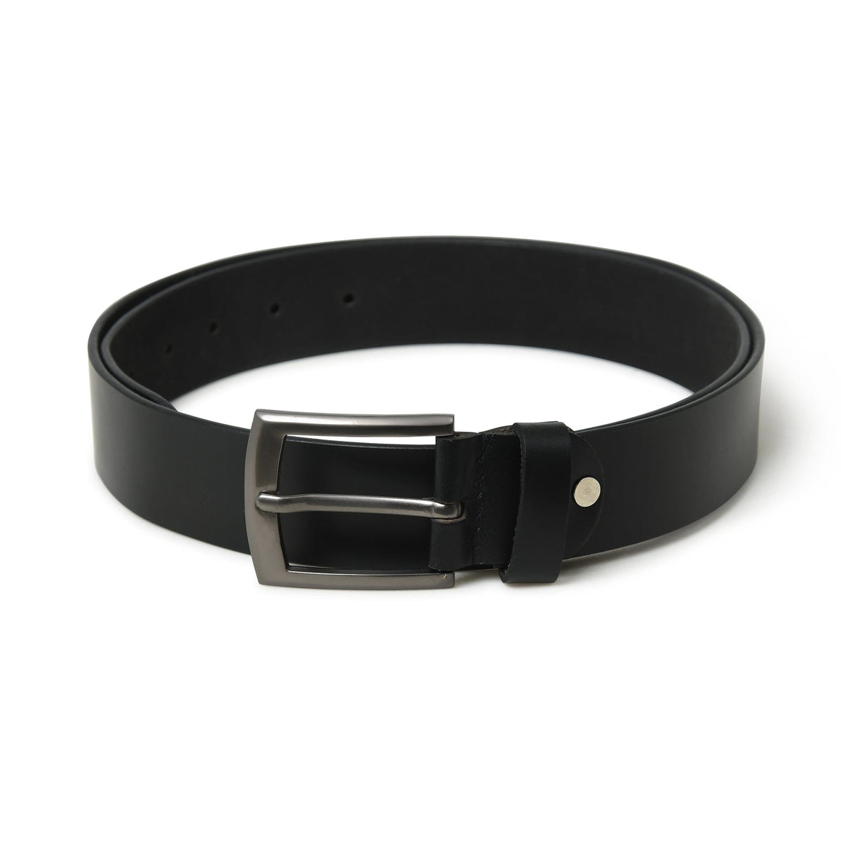 Plain black leather belt with buckle, view 4