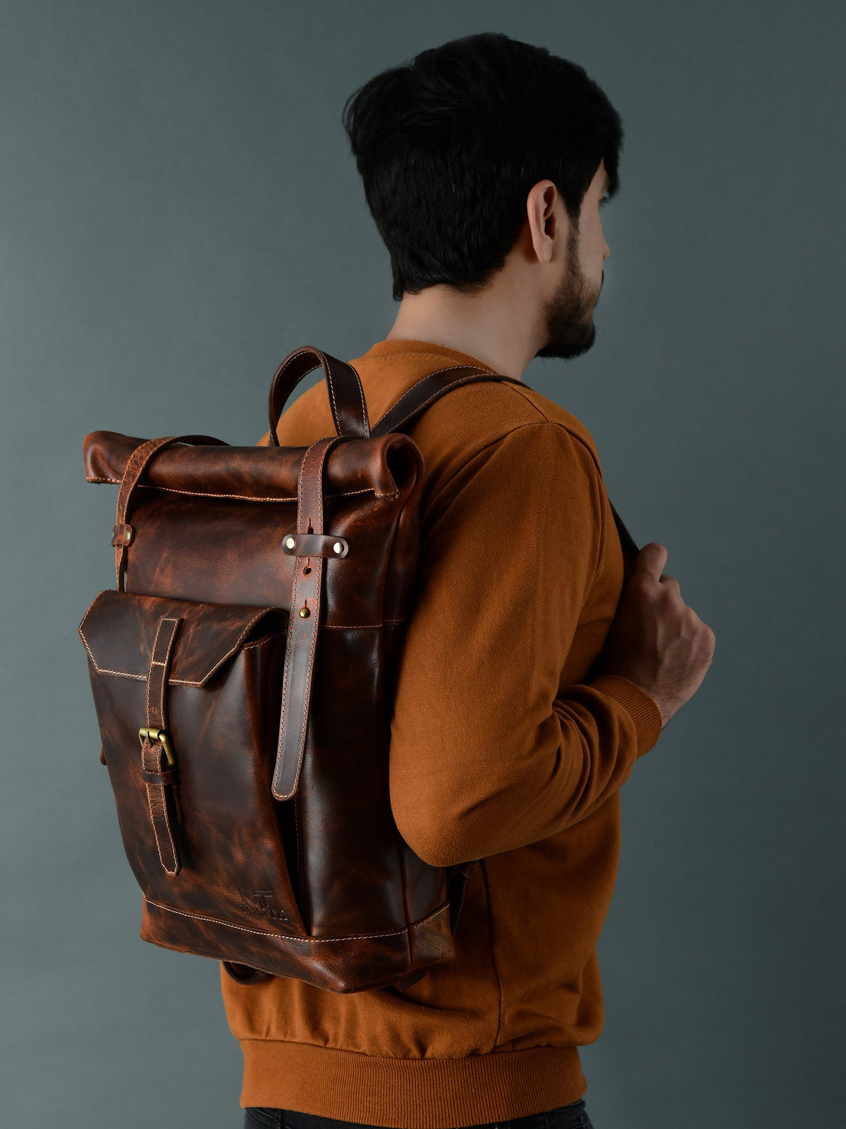 Brown Roll Top Backpack by Classy Leather Bags