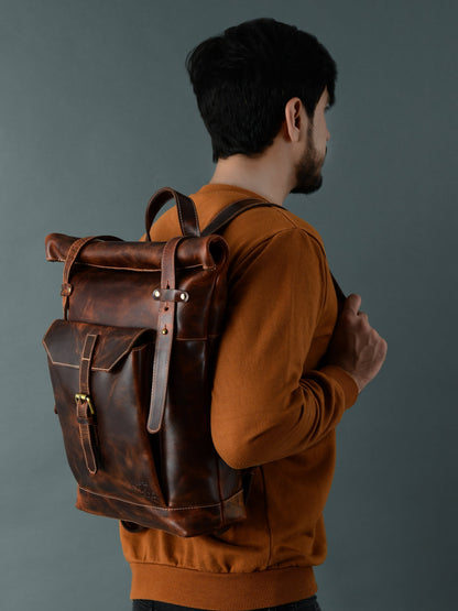 Brown Roll Top Backpack by Classy Leather Bags