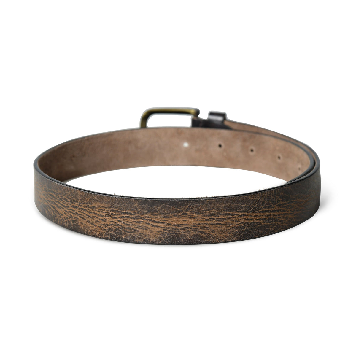 Dark brown leather belt with black accents and brass buckle, view 4