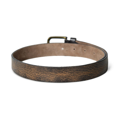 Dark brown leather belt with black accents and brass buckle, view 4