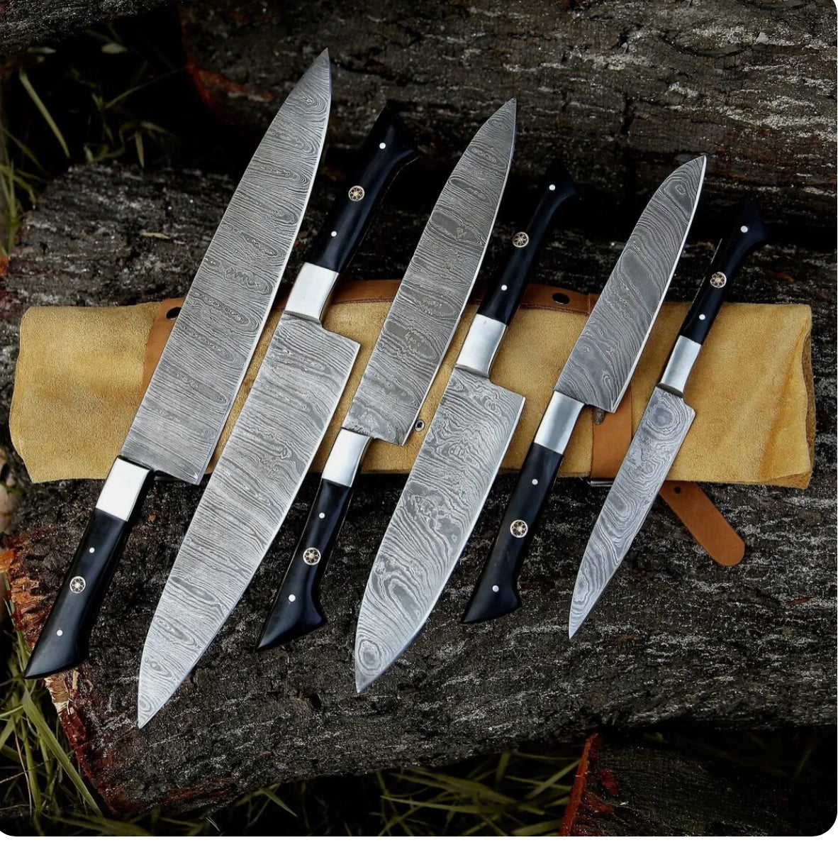 Damascus chef knife with epoxy resin handle and leather sheath