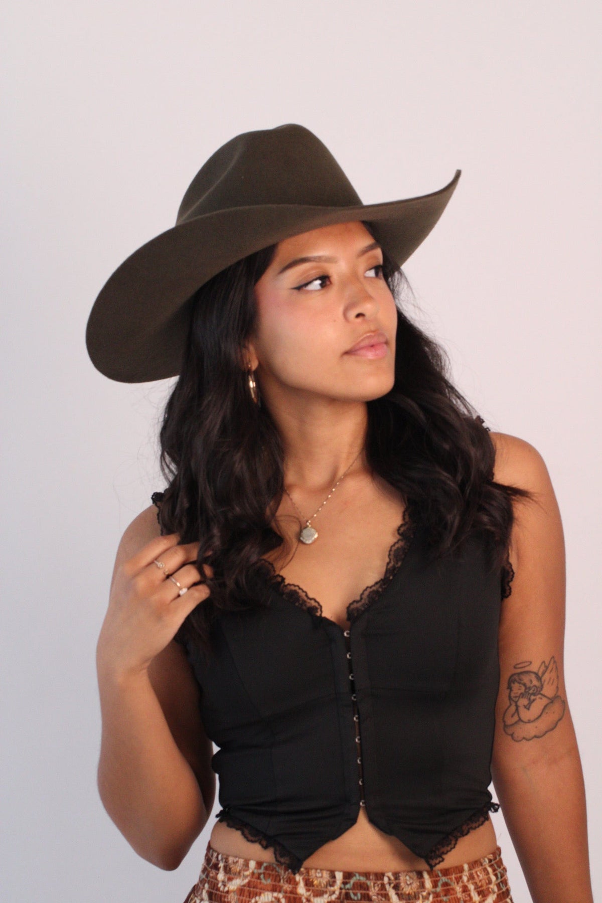 Dark olive merino wool cattleman cowboy hat with a curved brim, view 4
