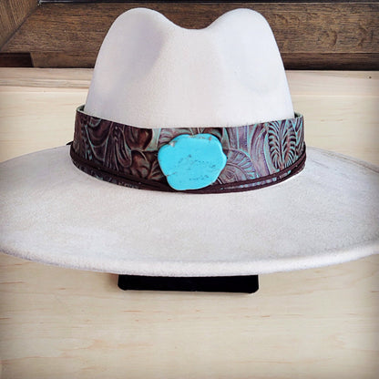 Brown floral leather cowboy hat band with turquoise-tone howlite stone