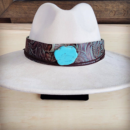 Brown floral leather cowboy hat band with turquoise-tone howlite stone