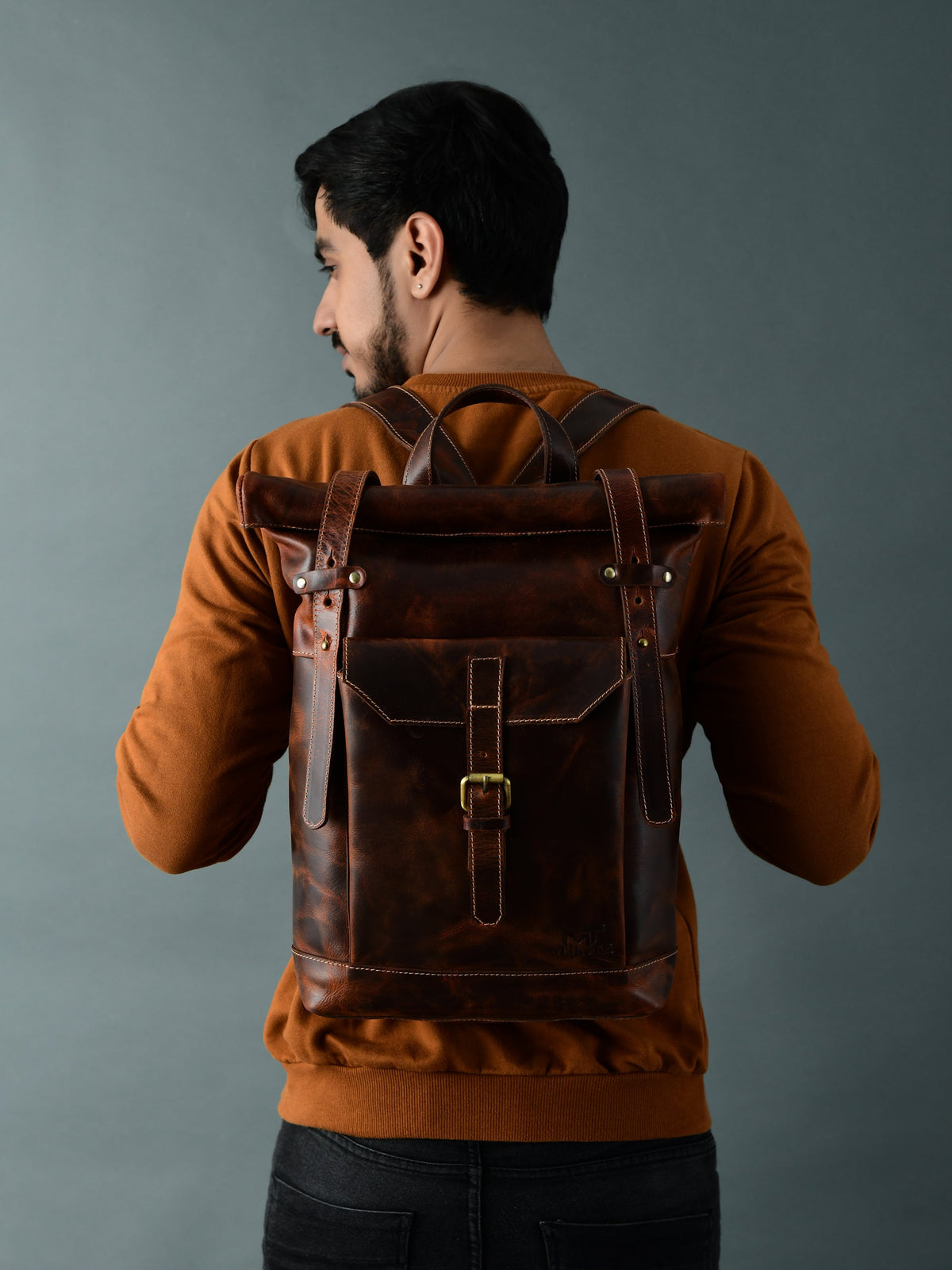 Brown Roll Top Backpack by Classy Leather Bags, view 5