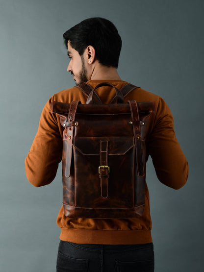 Brown Roll Top Backpack by Classy Leather Bags, view 5