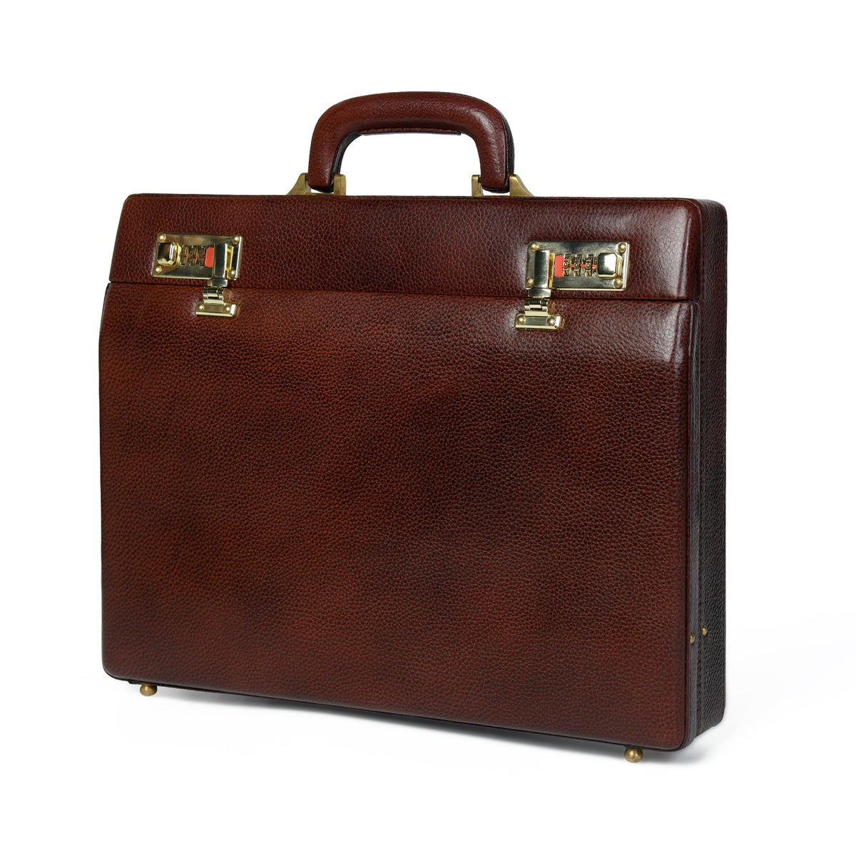Rich brown leather hard-case briefcase with combination locks, view 2