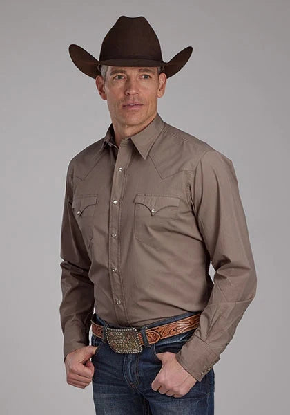 Roper brown cotton poplin pearl snap Western shirt