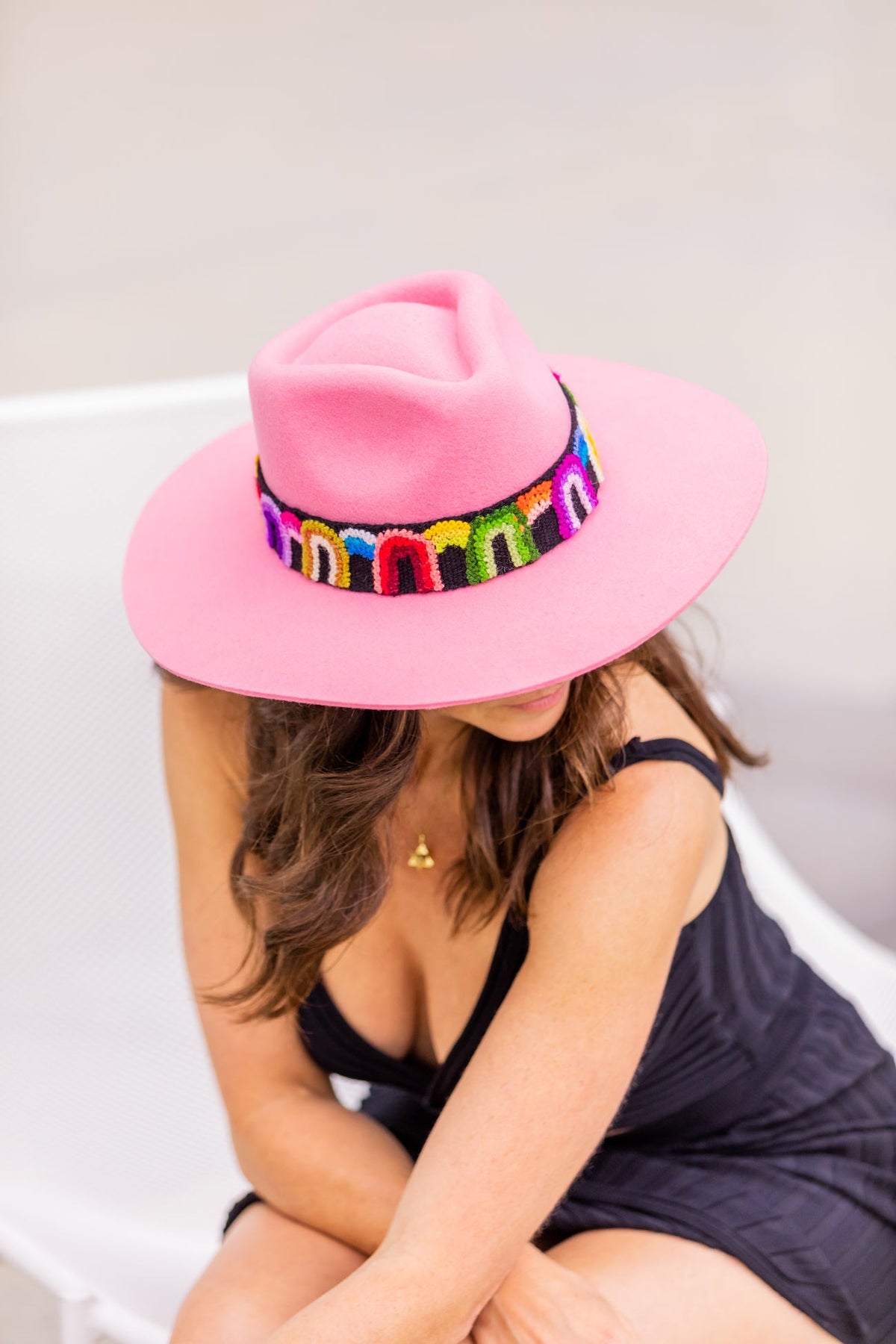 Bubble gum pink alpaca wool felt Western hat with a woven hat band, view 2